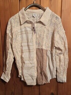 BKE Patchwork Lace Button-Up Shirt in Cream & Tan